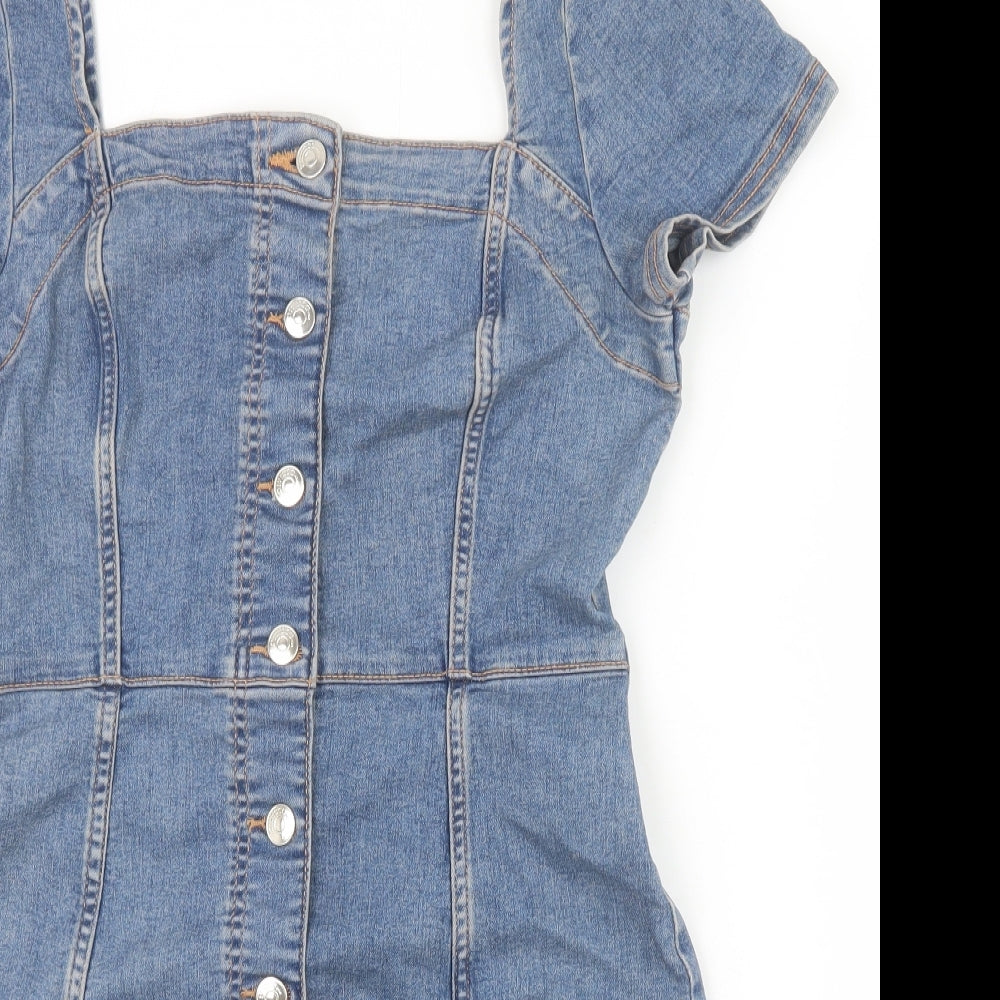 H&M Womens Blue Cotton Bodycon Size 14 Square Neck Button