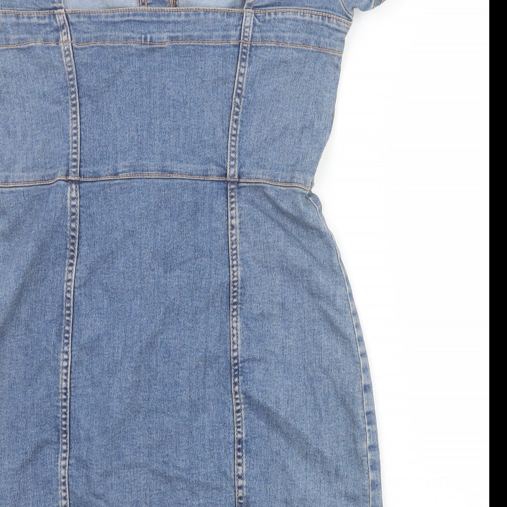 H&M Womens Blue Cotton Bodycon Size 14 Square Neck Button