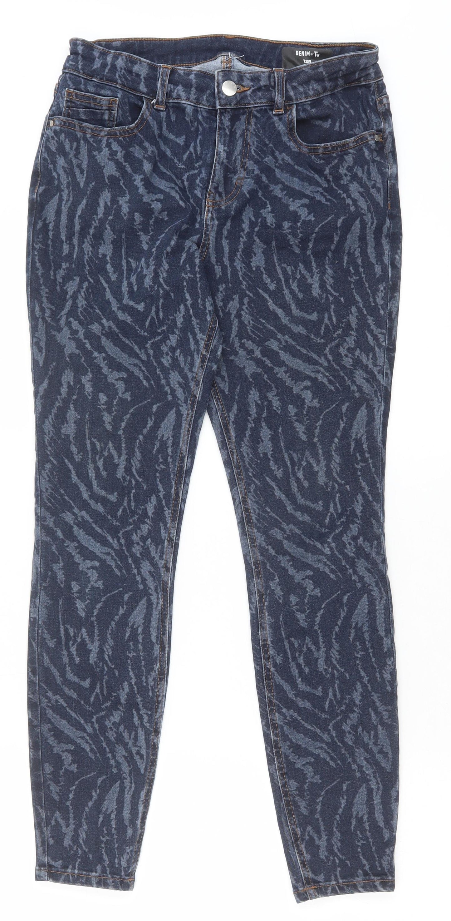 TU Womens Blue Animal Print Cotton Skinny Jeans Size 12 Slim Zip - Tiger Print