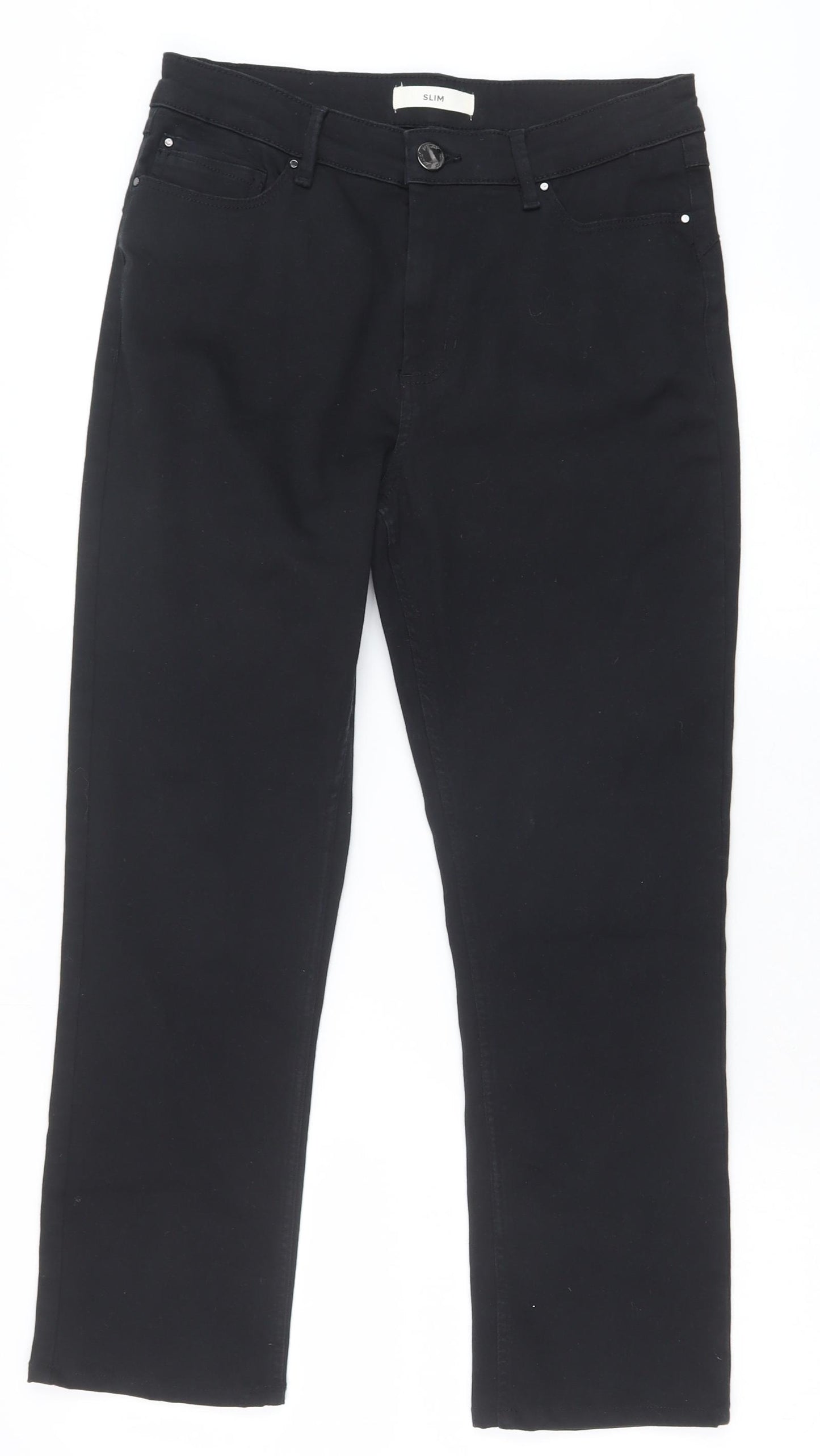 Marks and Spencer Womens Black Cotton Straight Jeans Size 12 Slim Zip