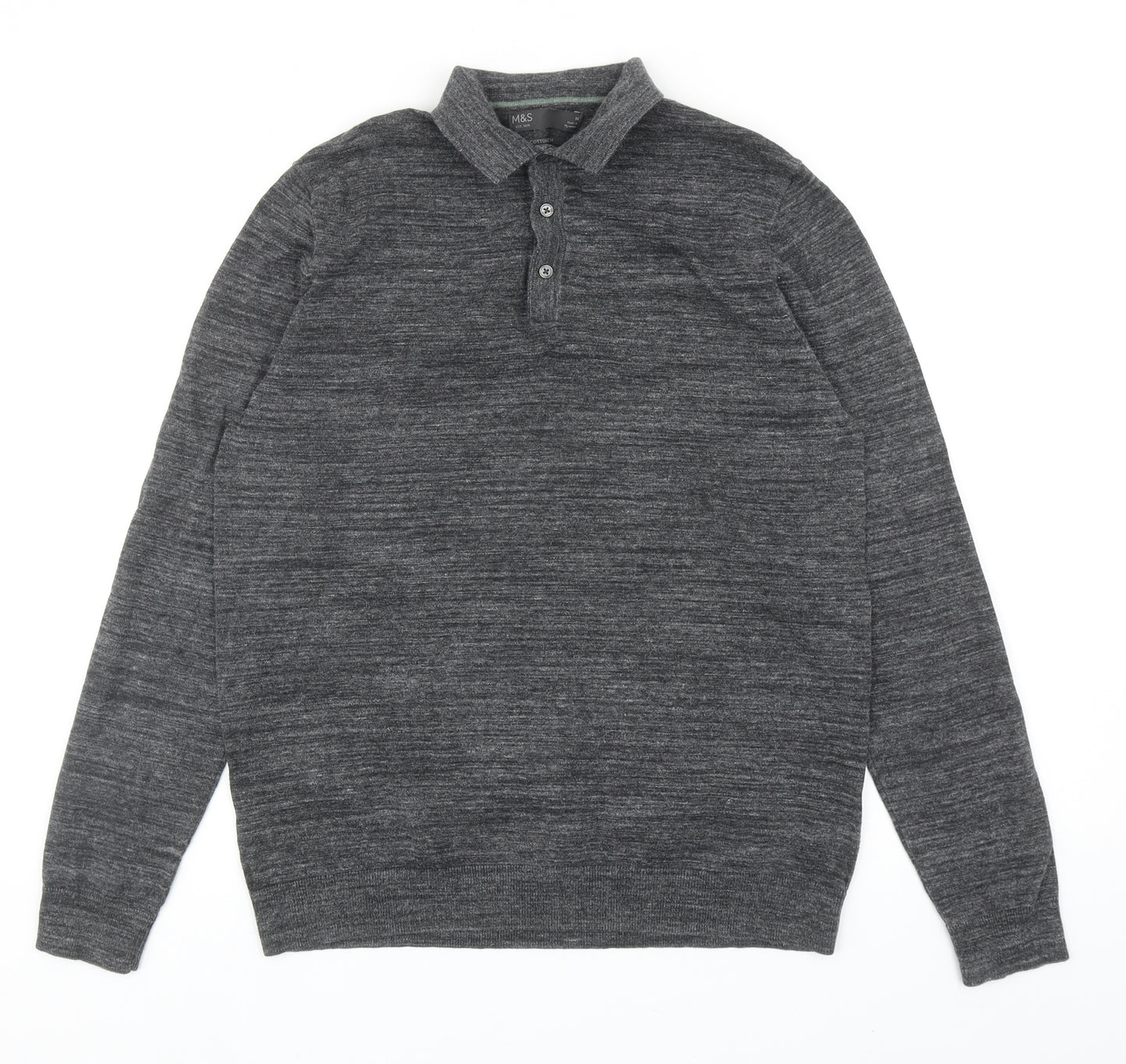 Marks and Spencer Mens Grey Cotton Polo Size M Collared Button
