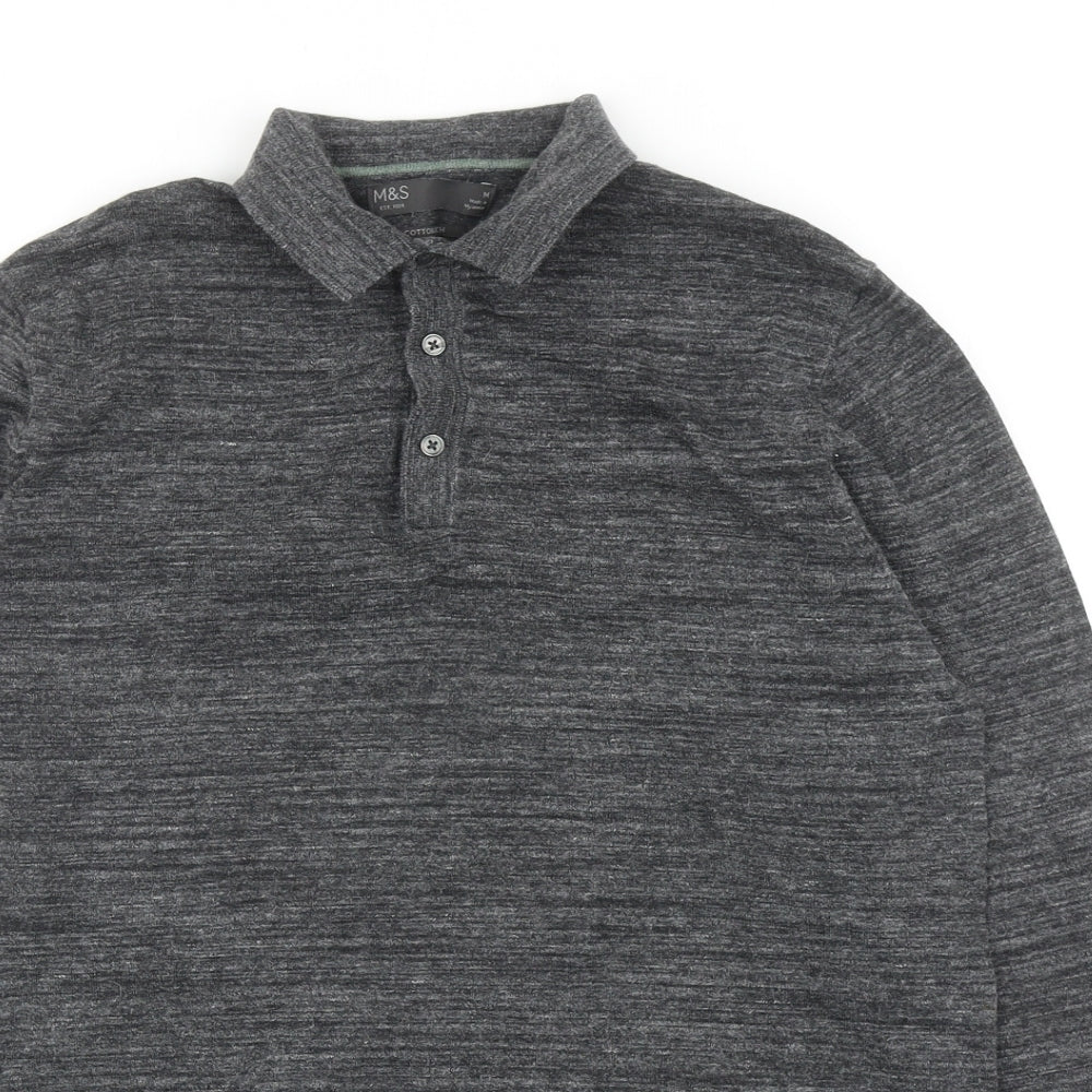 Marks and Spencer Mens Grey Cotton Polo Size M Collared Button