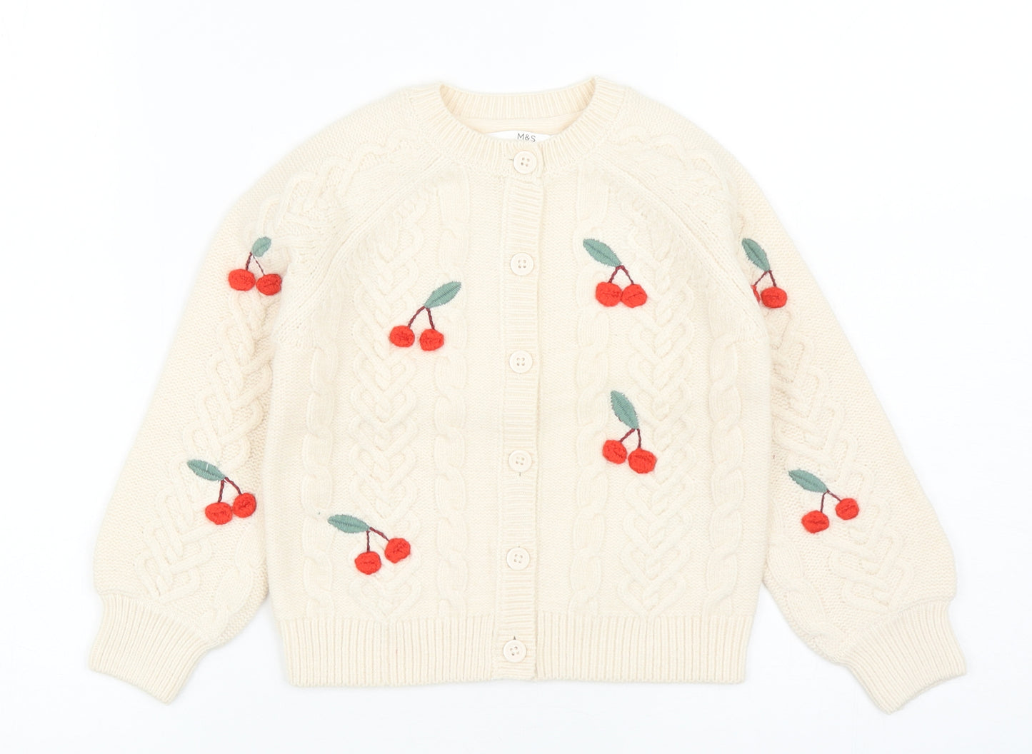Marks and Spencer Girls Ivory Round Neck Geometric Acrylic Cardigan Jumper Size 3-4 Years Button - Cherry Pattern