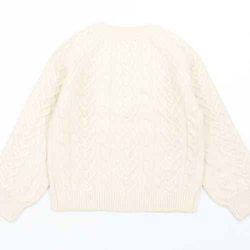 Marks and Spencer Girls Ivory Round Neck Geometric Acrylic Cardigan Jumper Size 3-4 Years Button - Cherry Pattern