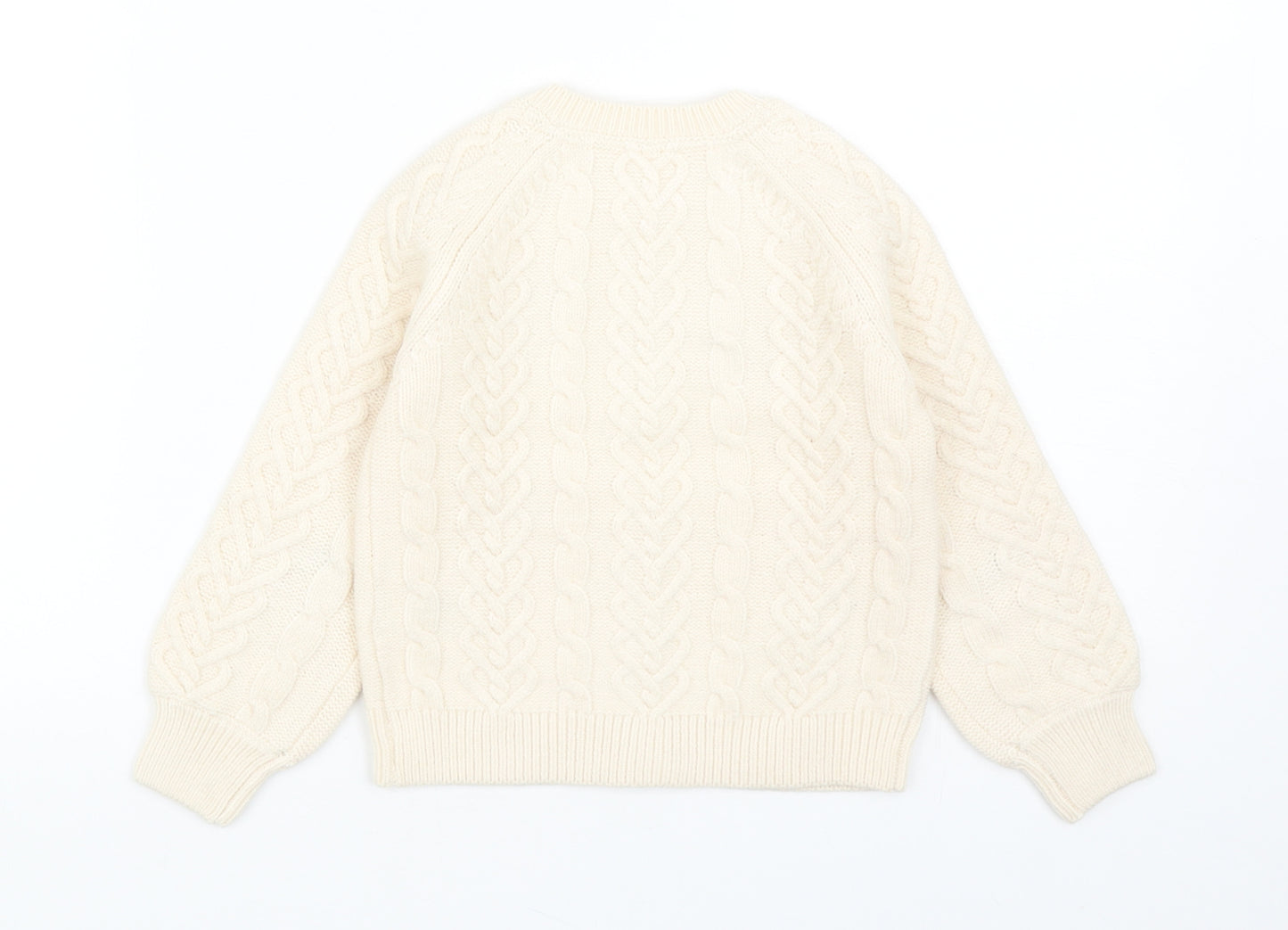 Marks and Spencer Girls Ivory Round Neck Geometric Acrylic Cardigan Jumper Size 3-4 Years Button - Cherry Pattern