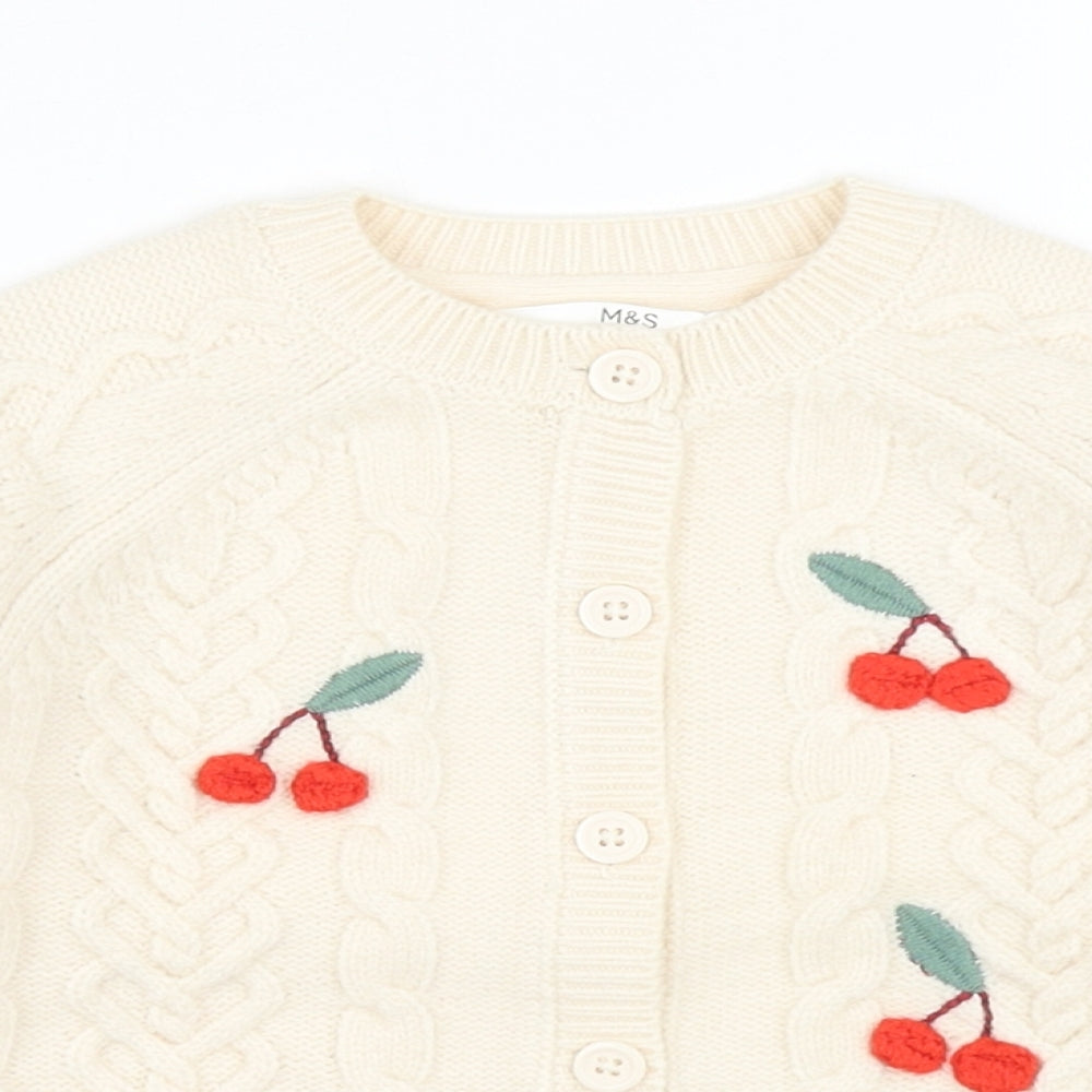 Marks and Spencer Girls Ivory Round Neck Geometric Acrylic Cardigan Jumper Size 3-4 Years Button - Cherry Pattern