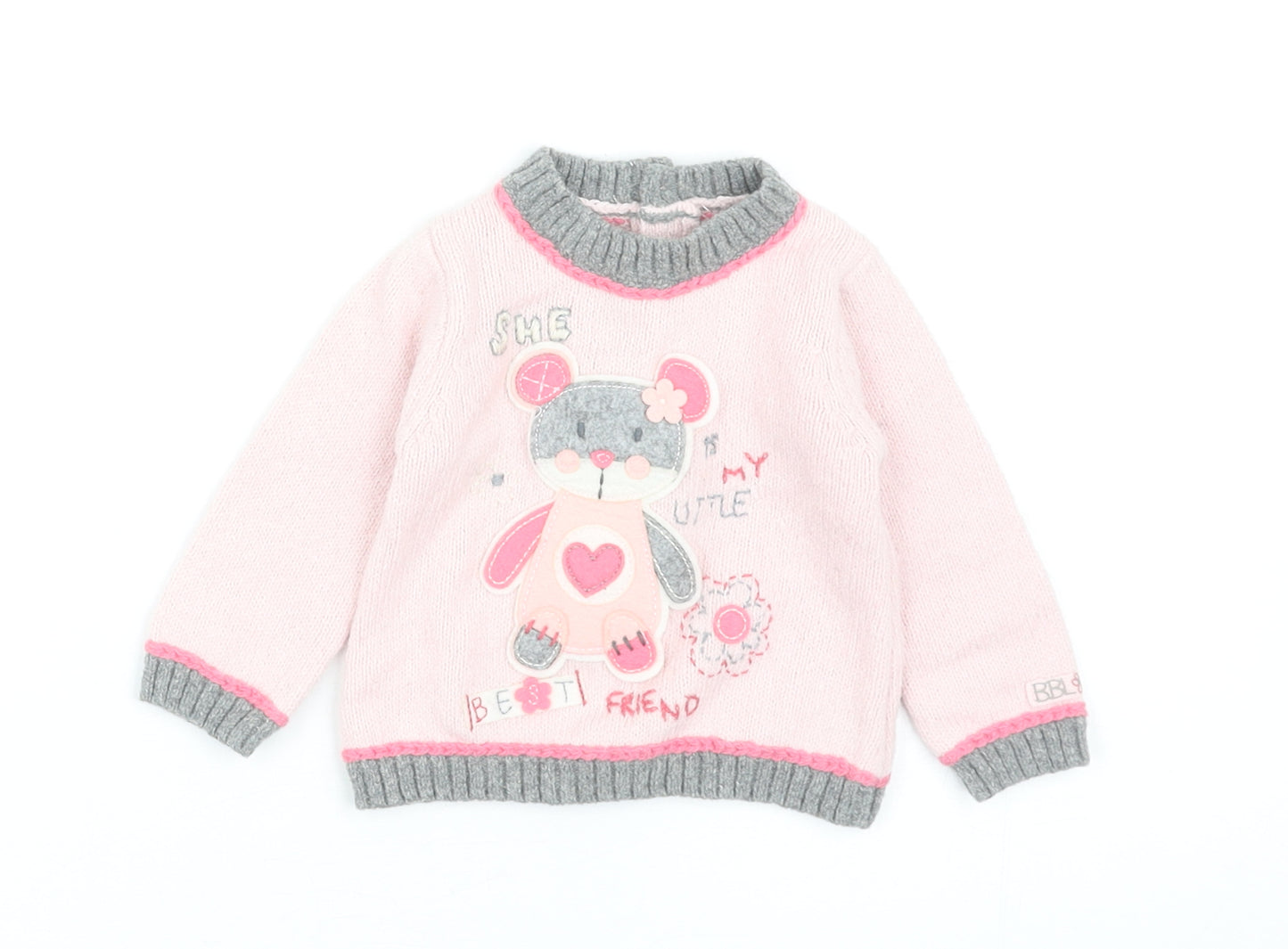 Boboli Girls Pink Cotton Pullover Jumper Size 3-6 Months Button - Teddy Bear