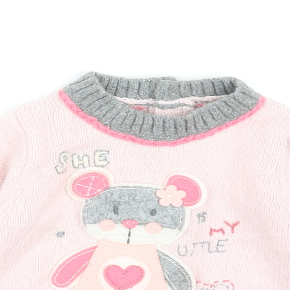 Boboli Girls Pink Cotton Pullover Jumper Size 3-6 Months Button - Teddy Bear