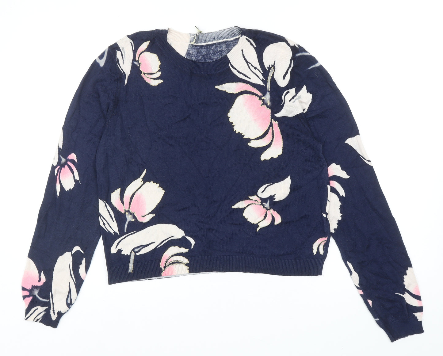 Oasis Womens Blue Round Neck Floral Cotton Pullover Jumper Size L
