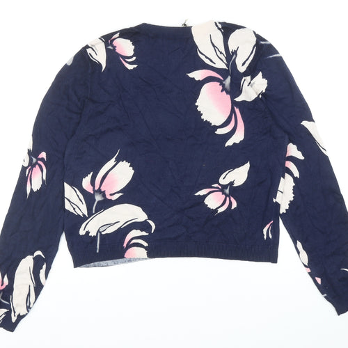 Oasis Womens Blue Round Neck Floral Cotton Pullover Jumper Size L