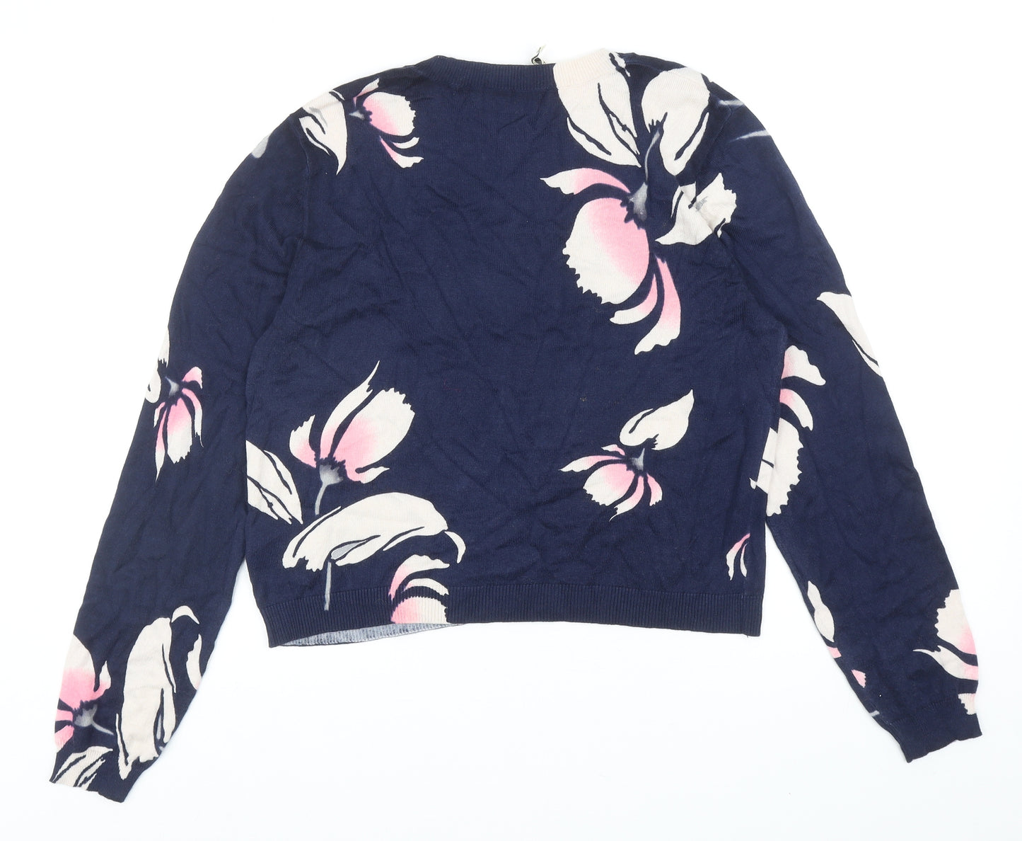 Oasis Womens Blue Round Neck Floral Cotton Pullover Jumper Size L