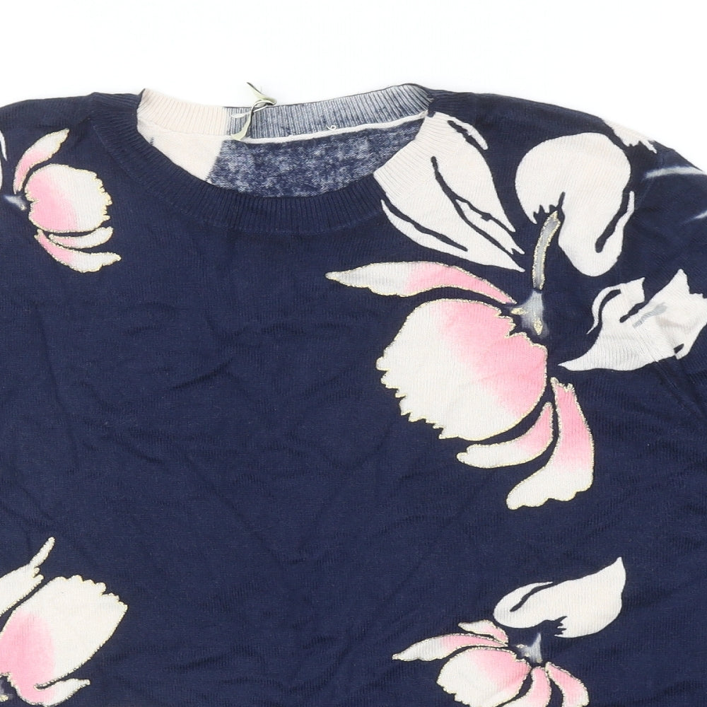 Oasis Womens Blue Round Neck Floral Cotton Pullover Jumper Size L