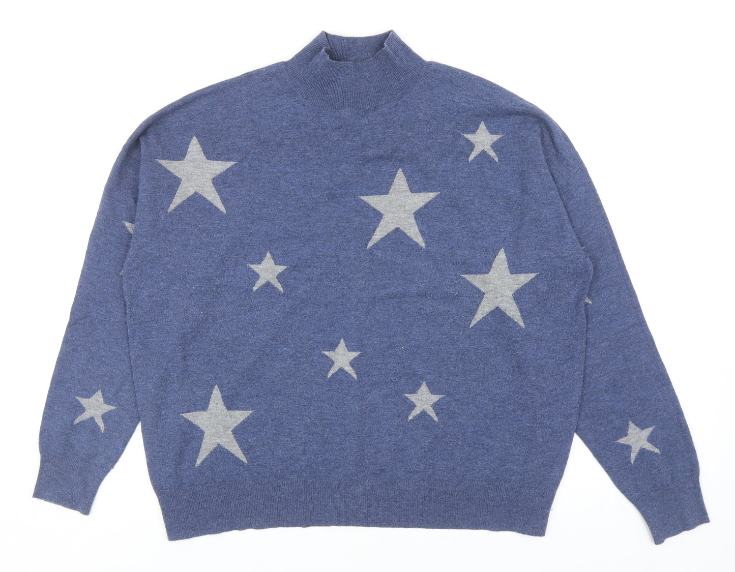 Colour Eighteen Womens Blue High Neck Geometric Polyester Pullover Jumper Size M - Stars