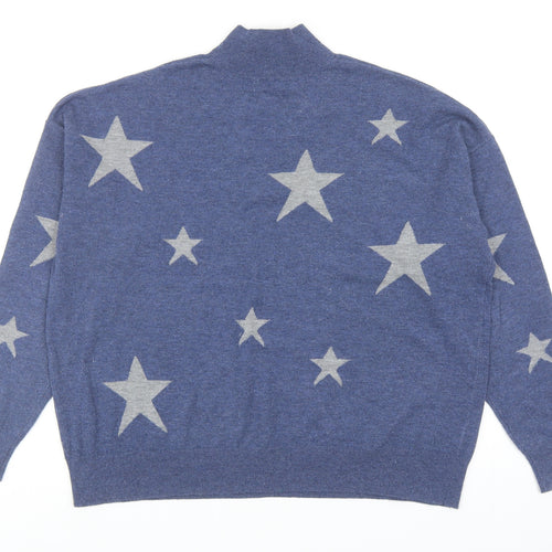 Colour Eighteen Womens Blue High Neck Geometric Polyester Pullover Jumper Size M - Stars