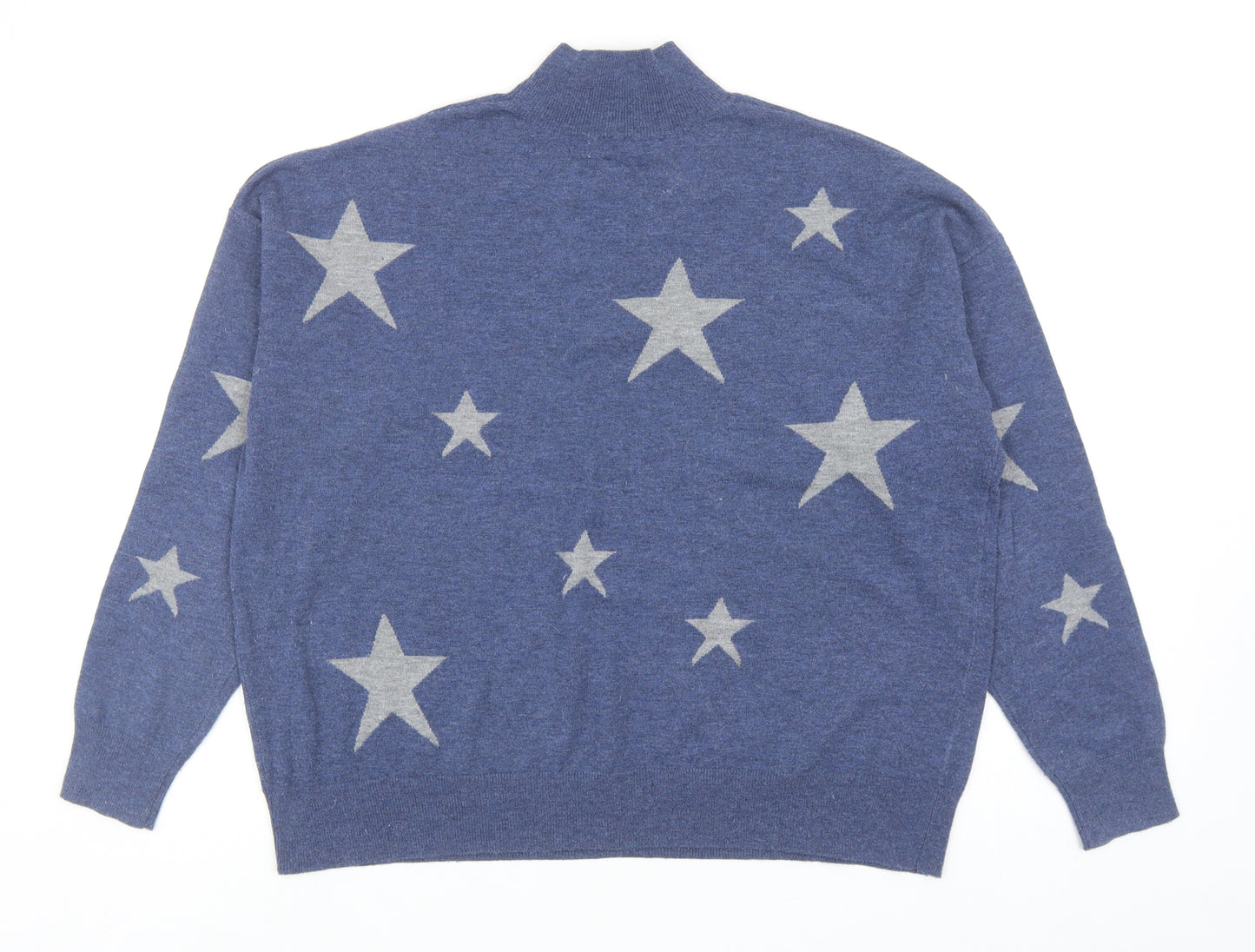 Colour Eighteen Womens Blue High Neck Geometric Polyester Pullover Jumper Size M - Stars