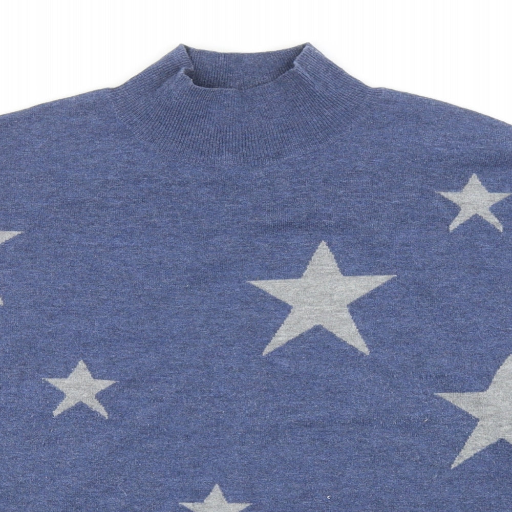Colour Eighteen Womens Blue High Neck Geometric Polyester Pullover Jumper Size M - Stars