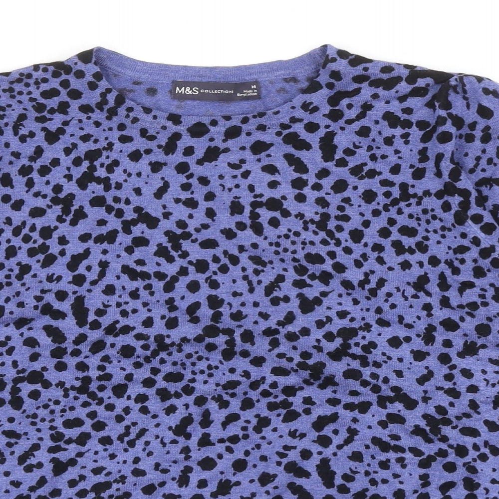Marks and Spencer Womens Blue Round Neck Geometric Viscose Pullover Jumper Size 14