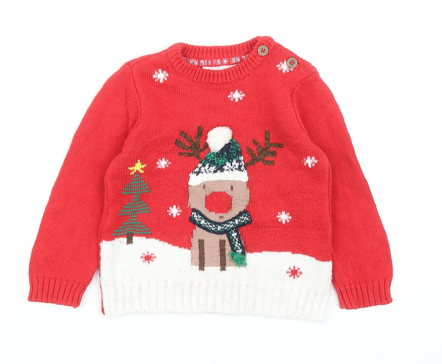 F&F Baby Red Cotton Pullover Jumper Size 9-12 Months Button - Christmas Reindeer
