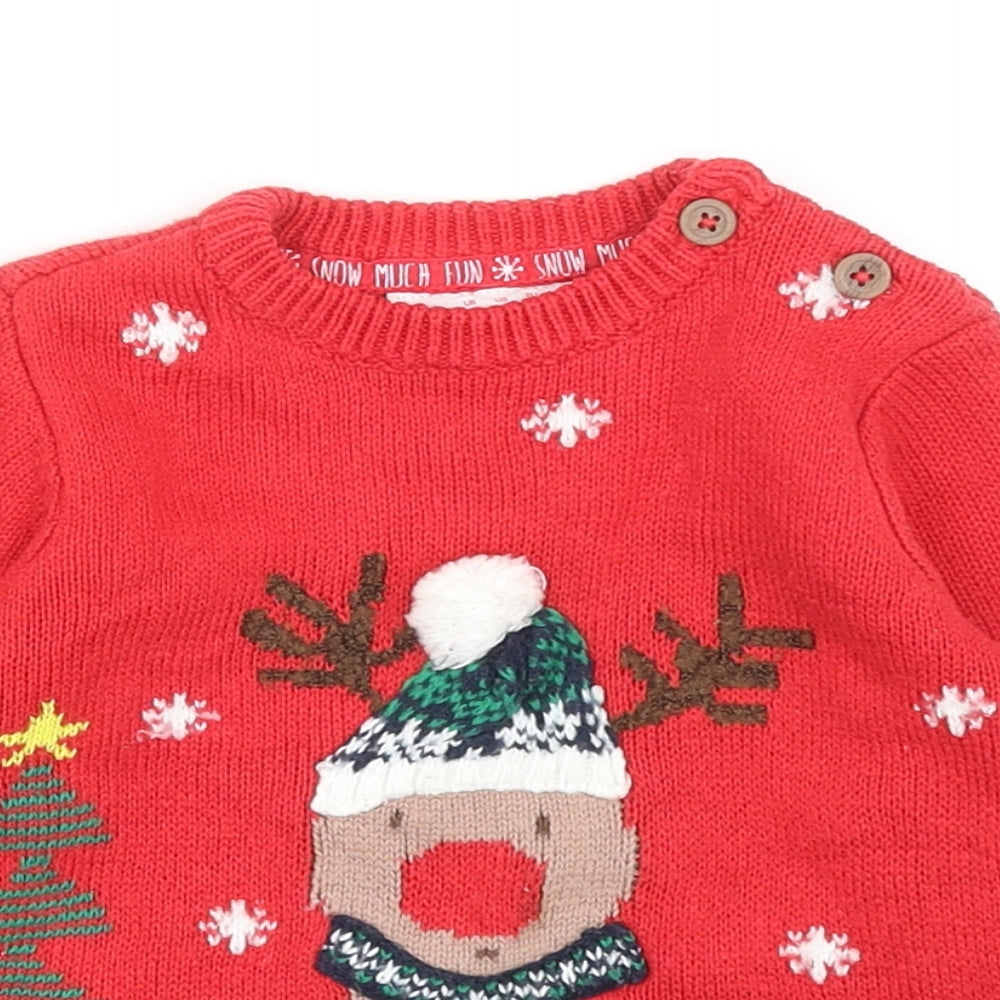 F&F Baby Red Cotton Pullover Jumper Size 9-12 Months Button - Christmas Reindeer