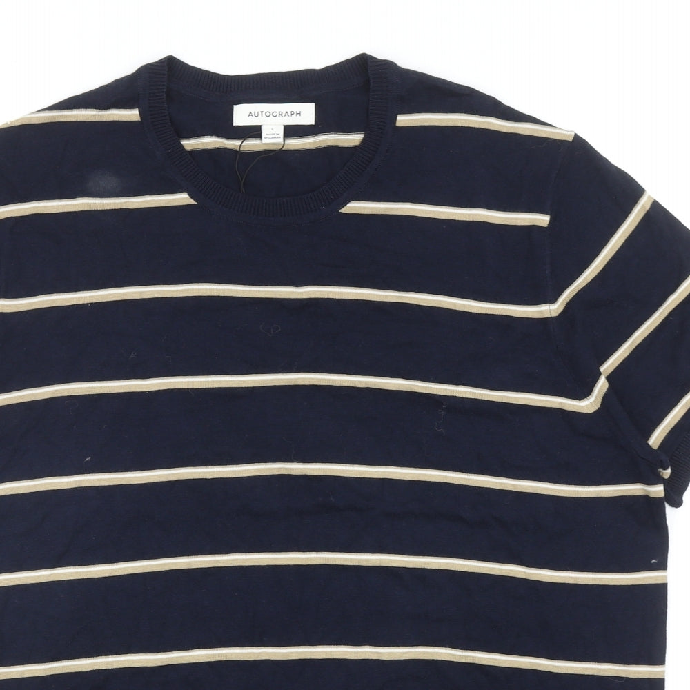 Autograph Mens Blue Striped Cotton T-Shirt Size L Round Neck