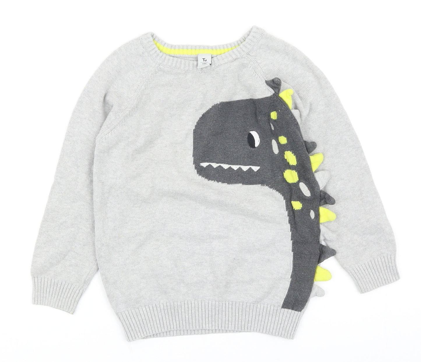 TU Boys Grey Round Neck Cotton Pullover Jumper Size 2-3 Years Pullover - Dinosaur