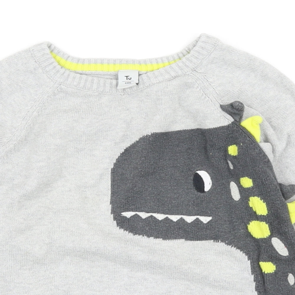 TU Boys Grey Round Neck Cotton Pullover Jumper Size 2-3 Years Pullover - Dinosaur