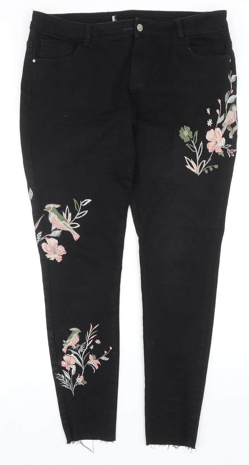 Preworn Womens Black Cotton Skinny Jeans Size 16 Regular Zip - Flower Detail