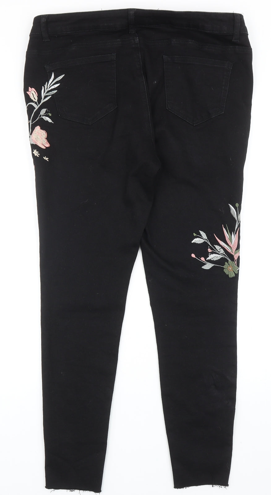 Preworn Womens Black Cotton Skinny Jeans Size 16 Regular Zip - Flower Detail