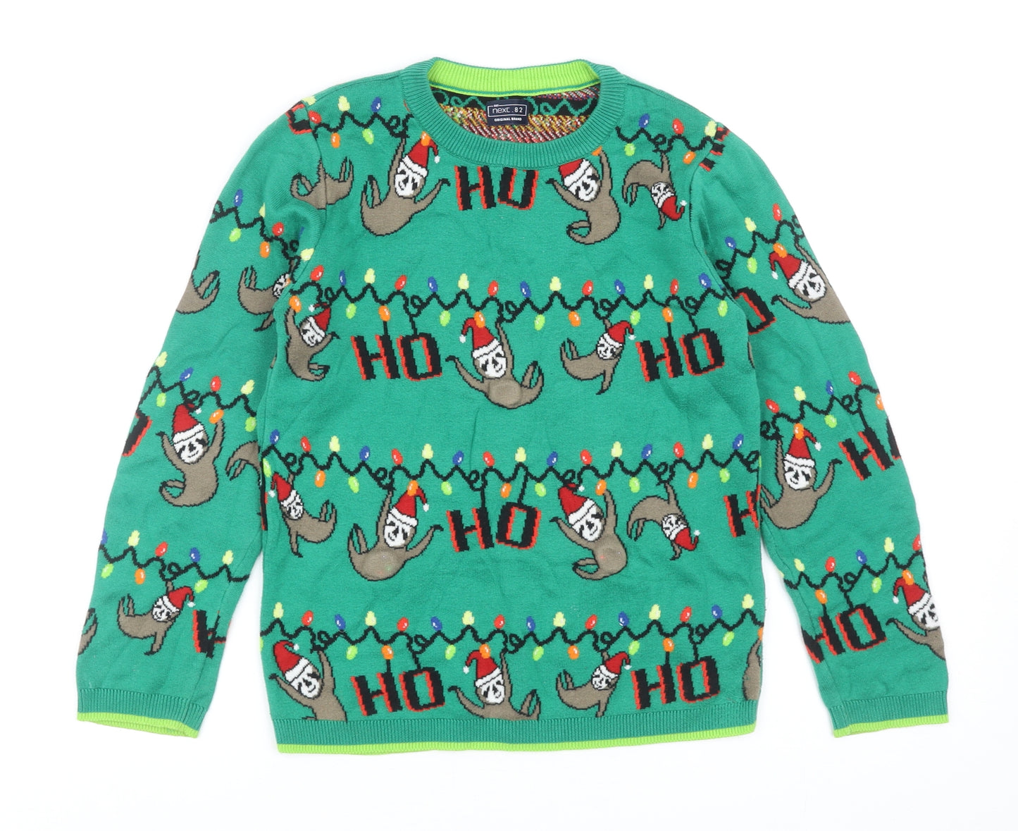 NEXT Boys Green Round Neck Geometric Cotton Pullover Jumper Size 9 Years Pullover - Christmas Sloth