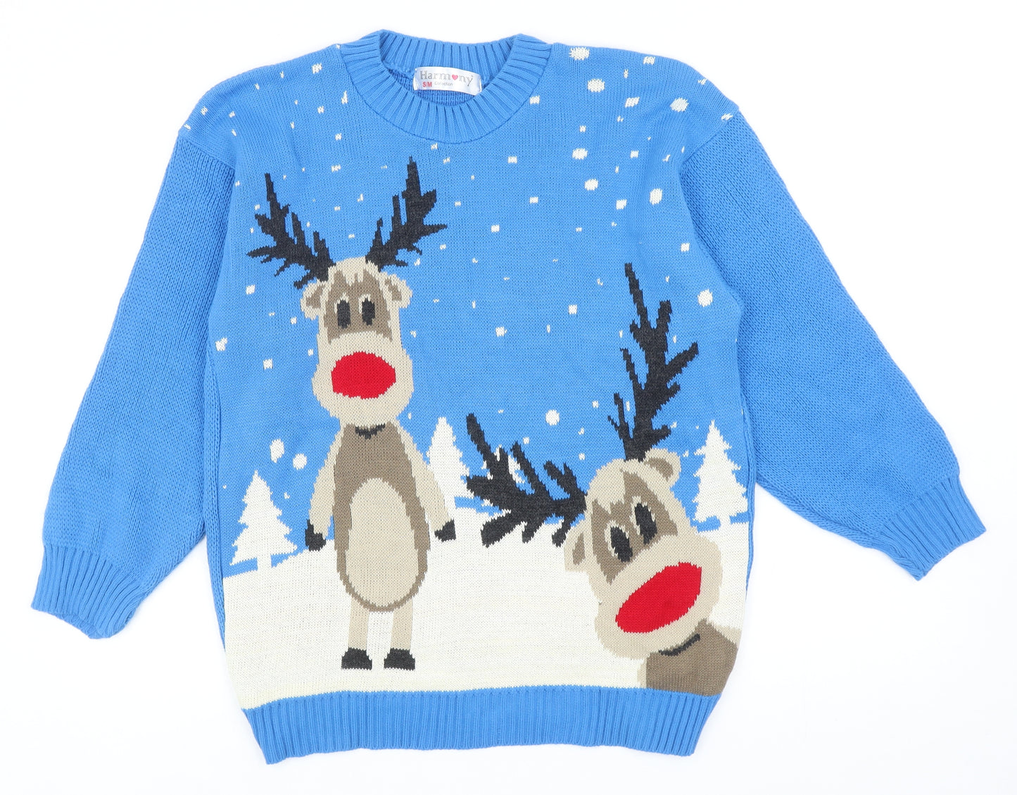 Harmony Womens Blue Round Neck Acrylic Pullover Jumper Size M - Christmas