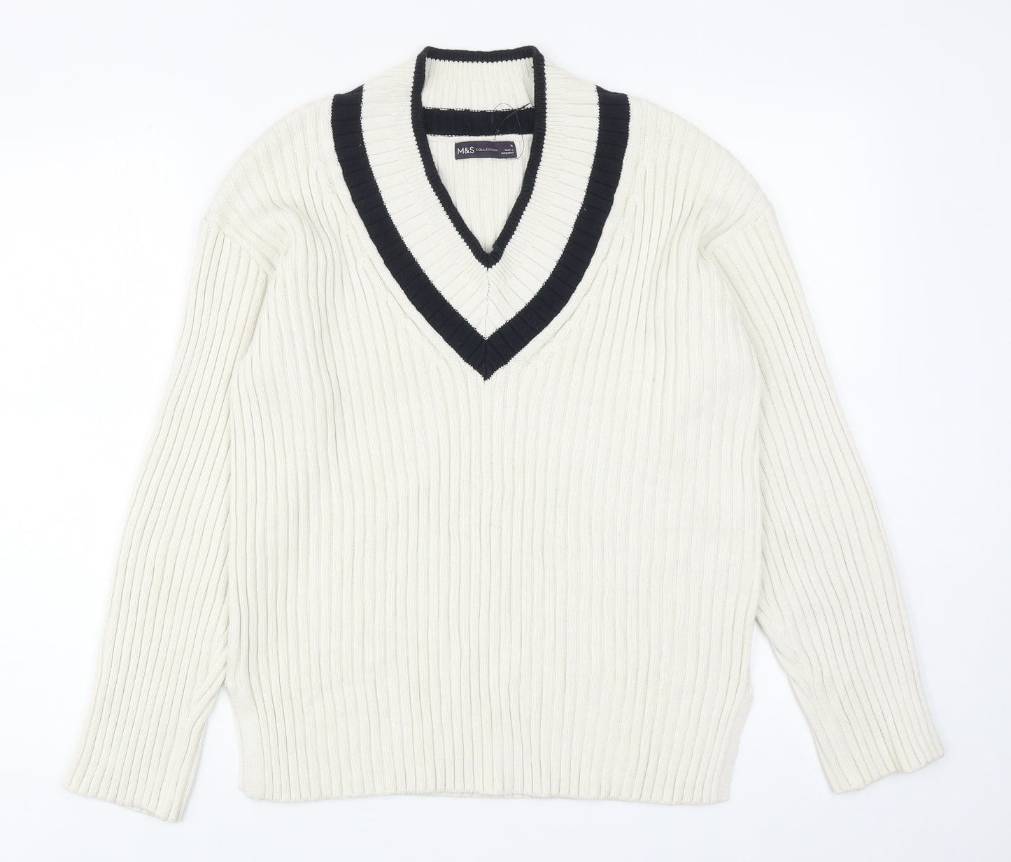 Marks and Spencer Womens Ivory V-Neck Cotton Pullover Jumper Size M