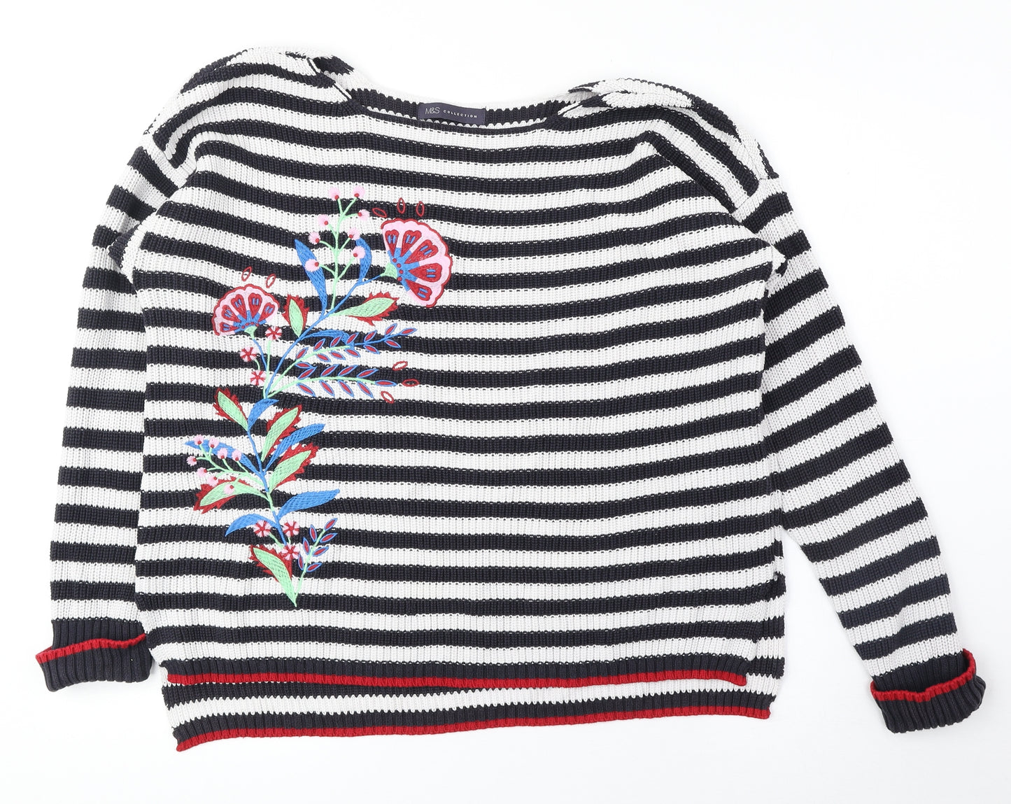 Marks and Spencer Womens Black Round Neck Striped Cotton Pullover Jumper Size L