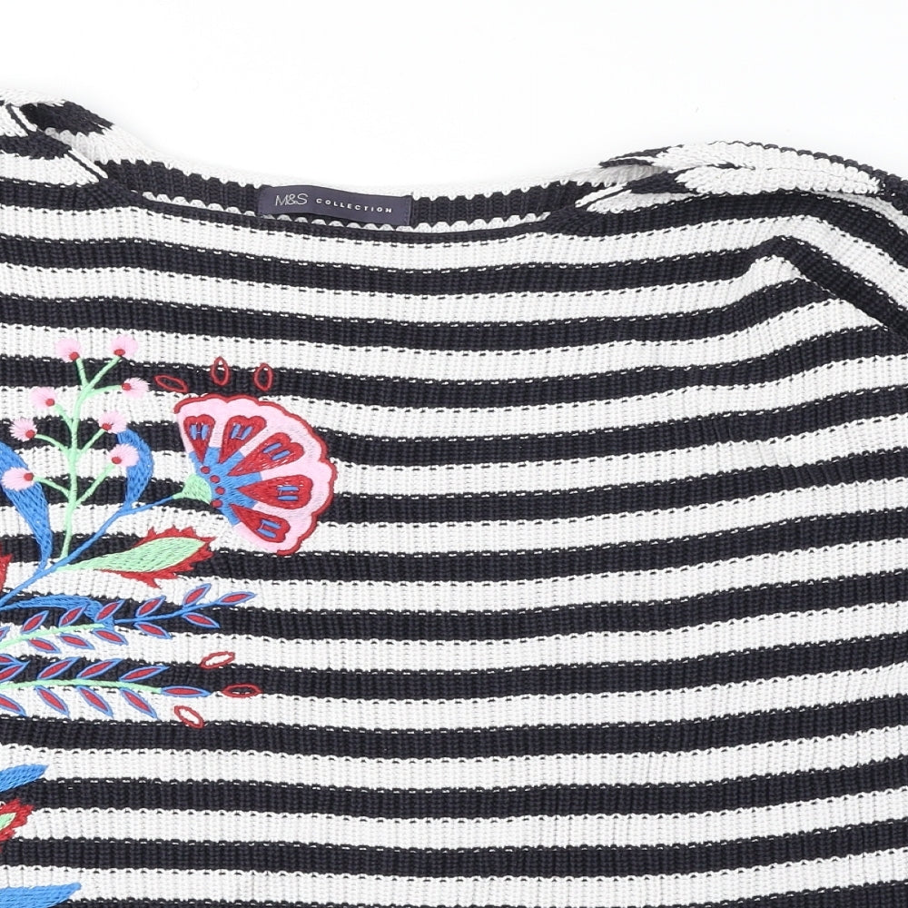 Marks and Spencer Womens Black Round Neck Striped Cotton Pullover Jumper Size L