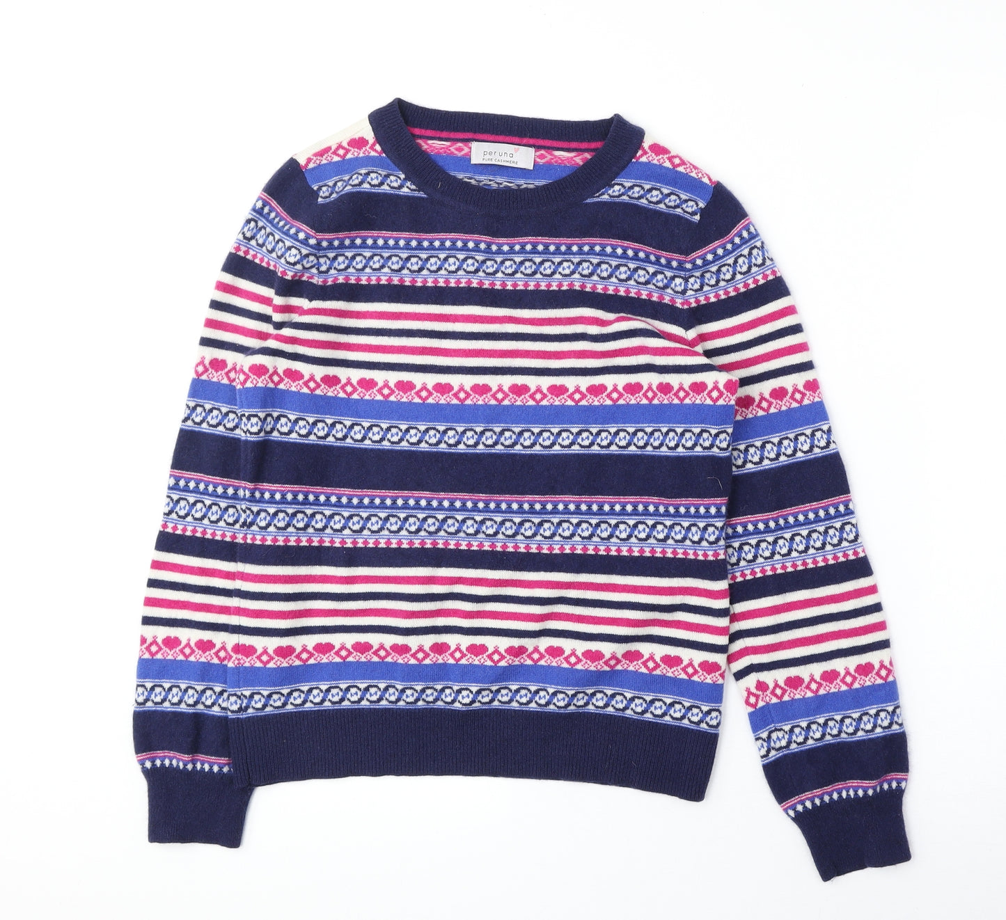 Marks and Spencer Womens Blue Round Neck Fair Isle Cashmere Pullover Jumper Size 12