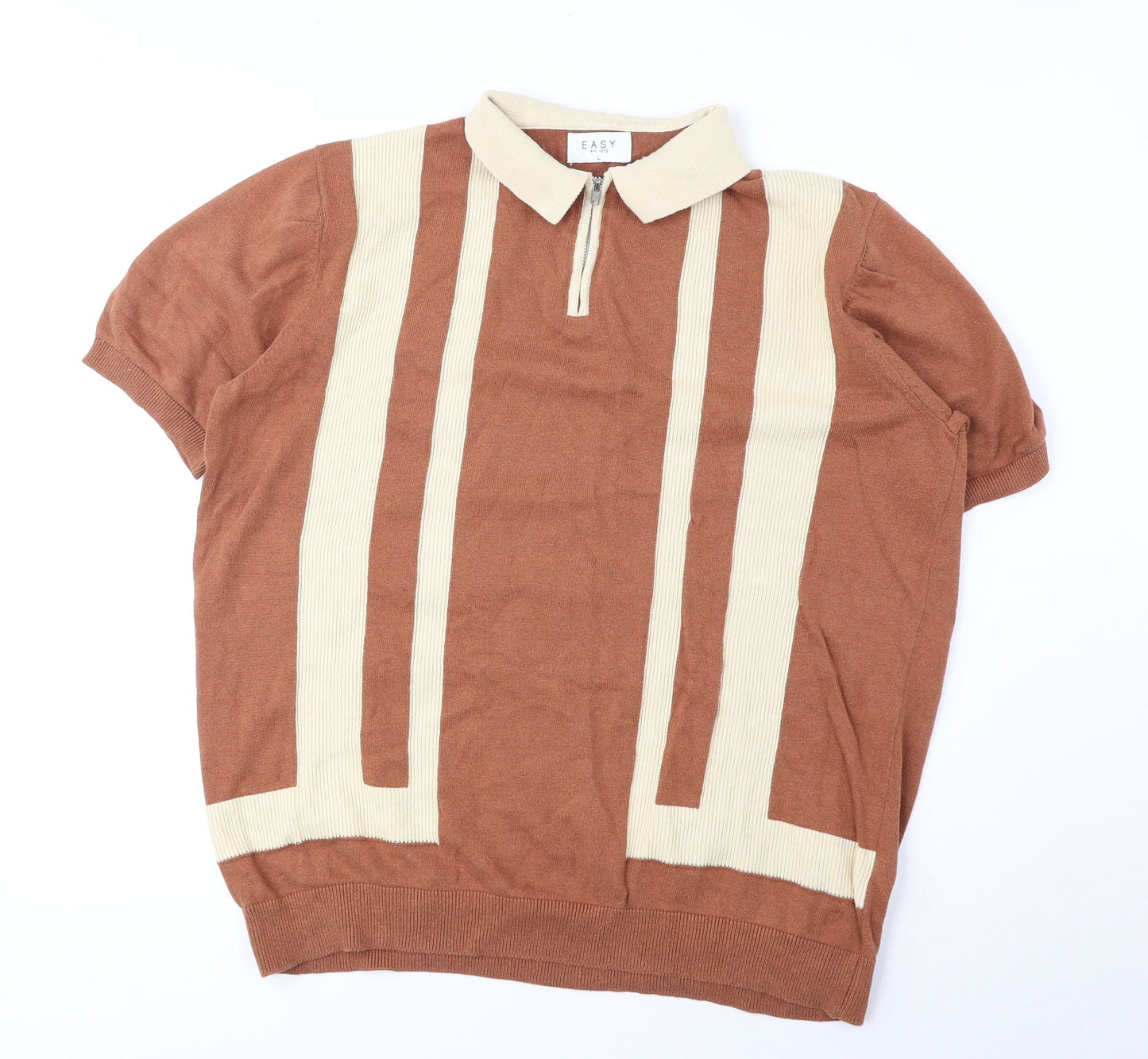 Matalan Mens Brown Geometric Cotton Polo Size L Collared Zip