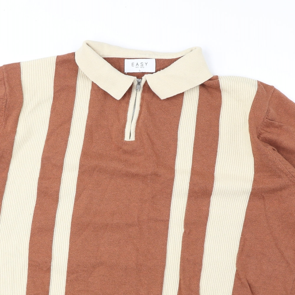 Matalan Mens Brown Geometric Cotton Polo Size L Collared Zip