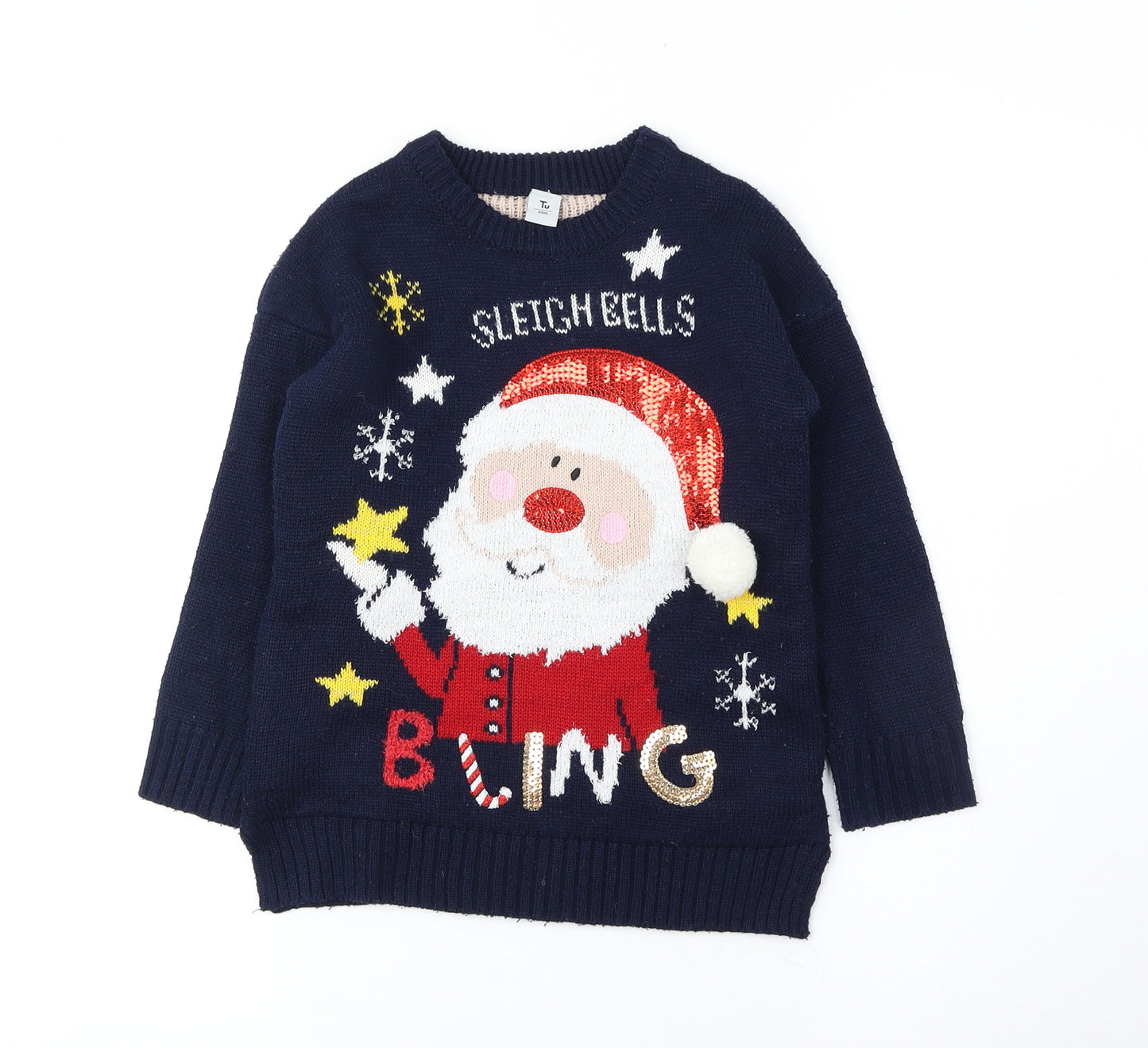 TU Boys Blue Round Neck Acrylic Pullover Jumper Size 6 Years Pullover - Sleigh Bells Bling