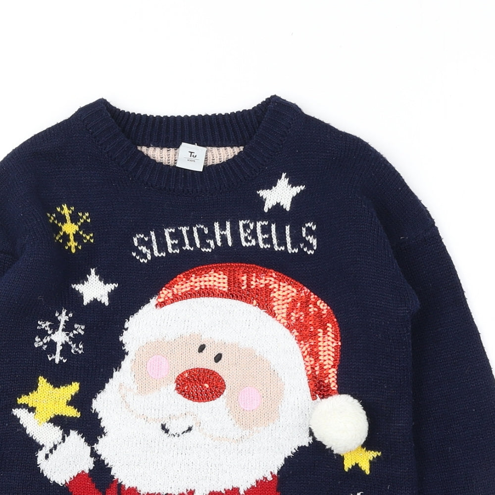 TU Boys Blue Round Neck Acrylic Pullover Jumper Size 6 Years Pullover - Sleigh Bells Bling