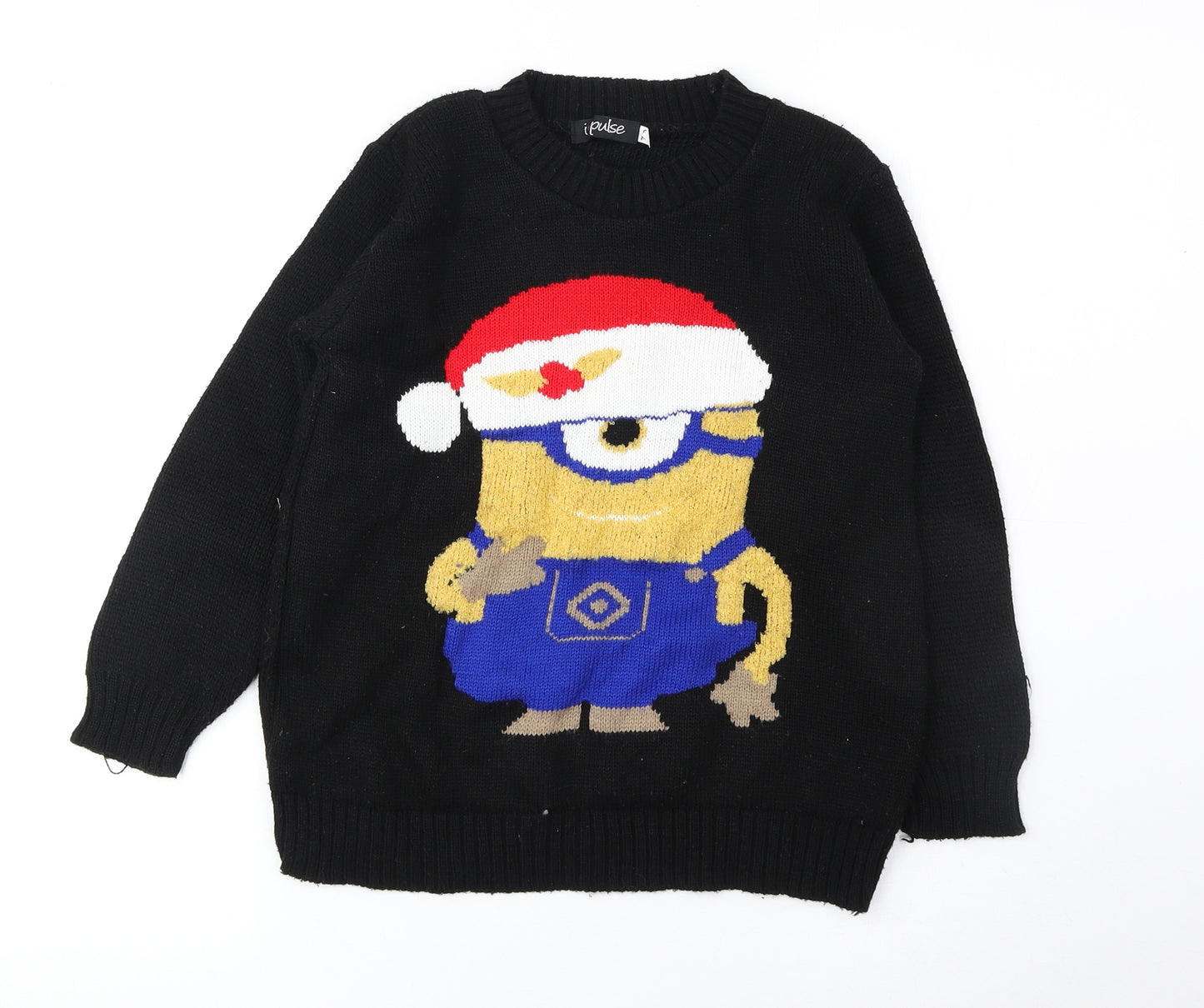 Impulse Boys Black Round Neck Acrylic Pullover Jumper Size 7-8 Years Pullover - Minion Christmas