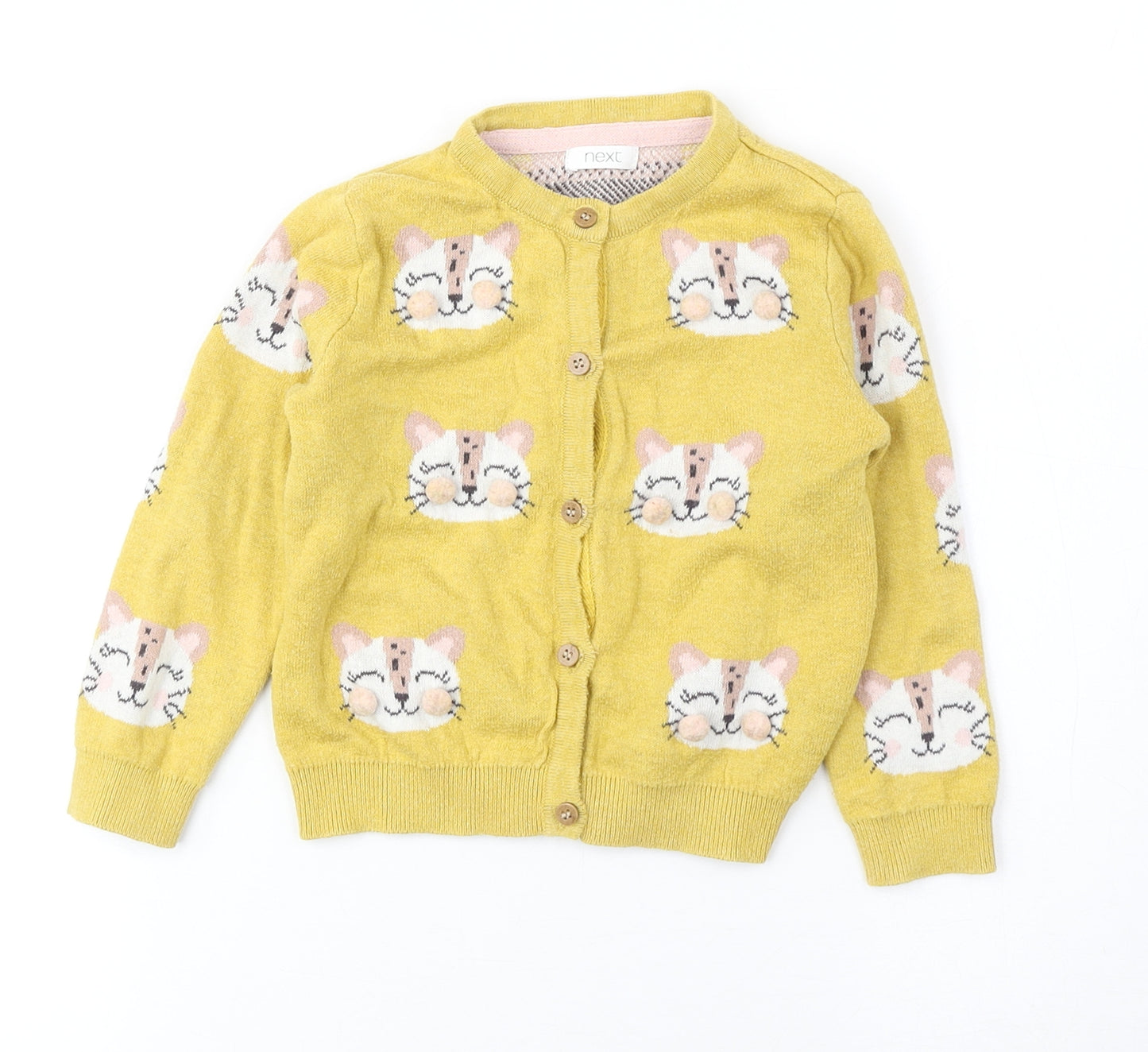 NEXT Girls Yellow Round Neck Geometric Cotton Cardigan Jumper Size 2-3 Years Button - Cat