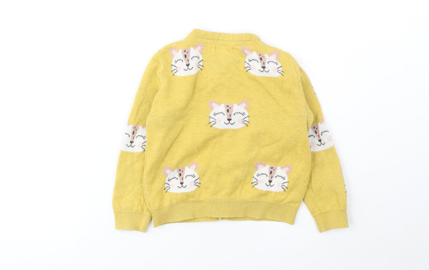 NEXT Girls Yellow Round Neck Geometric Cotton Cardigan Jumper Size 2-3 Years Button - Cat