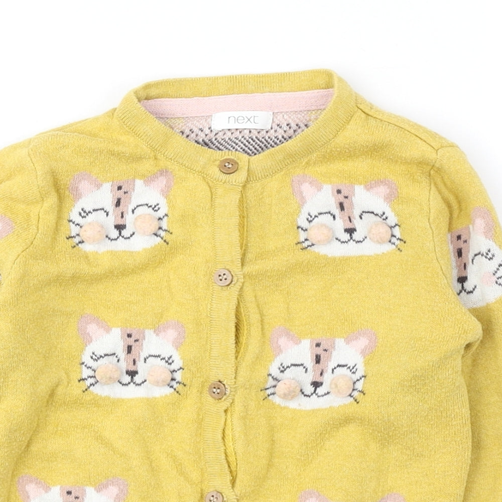 NEXT Girls Yellow Round Neck Geometric Cotton Cardigan Jumper Size 2-3 Years Button - Cat
