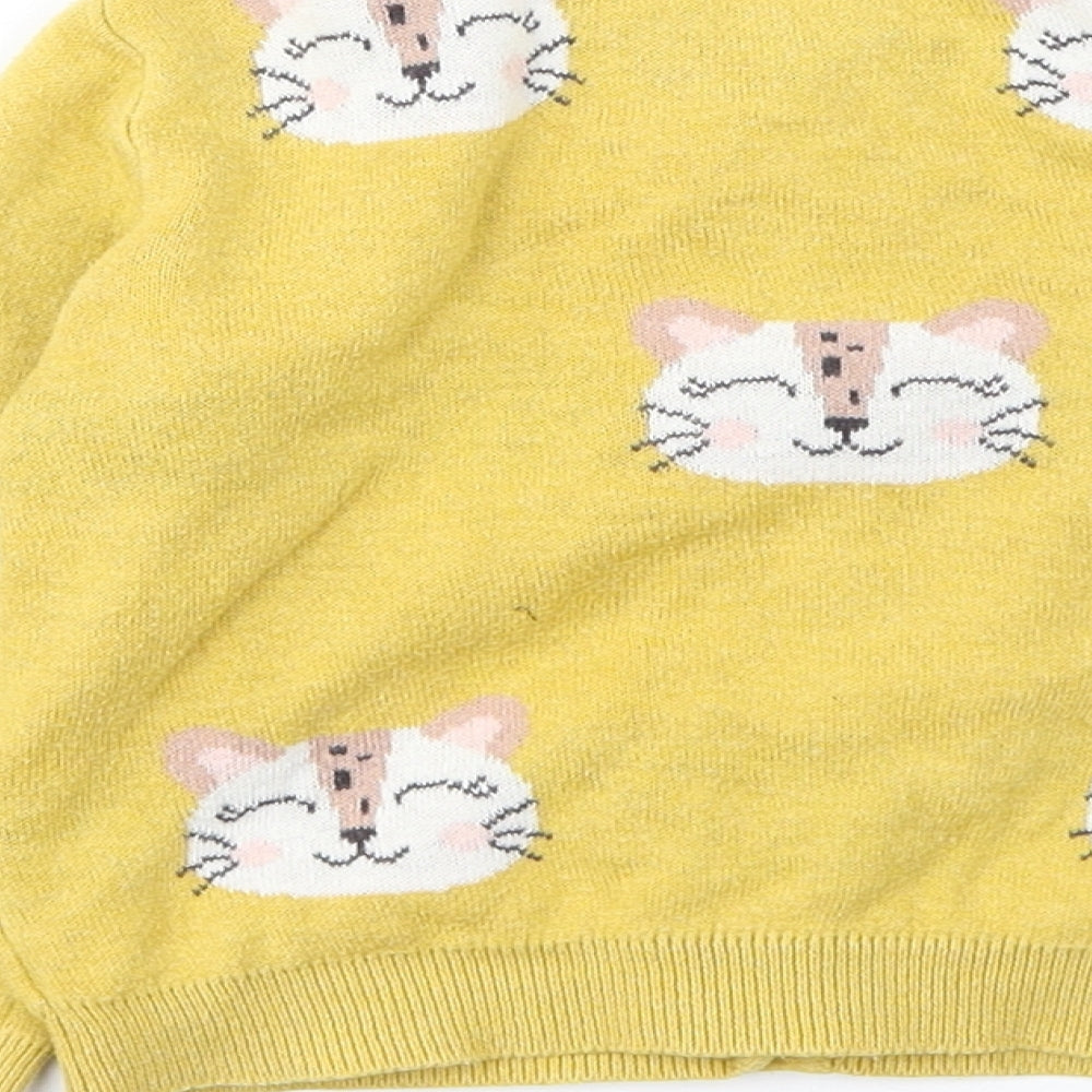 NEXT Girls Yellow Round Neck Geometric Cotton Cardigan Jumper Size 2-3 Years Button - Cat
