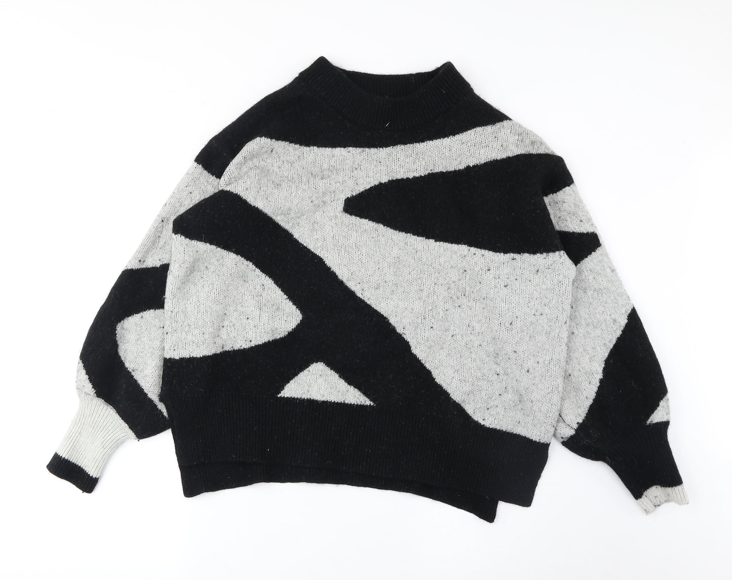 Marks and Spencer Womens Grey Mock Neck Geometric Wool Pullover Jumper Size 18