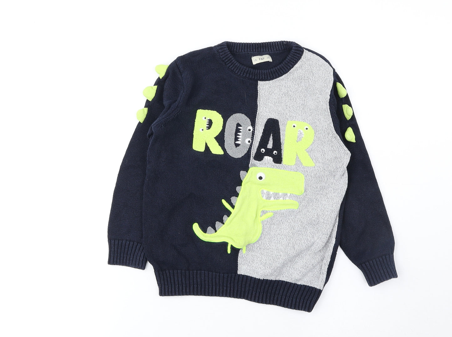 F&F Boys Blue Round Neck Colourblock Cotton Pullover Jumper Size 4-5 Years Pullover - Dinosaur