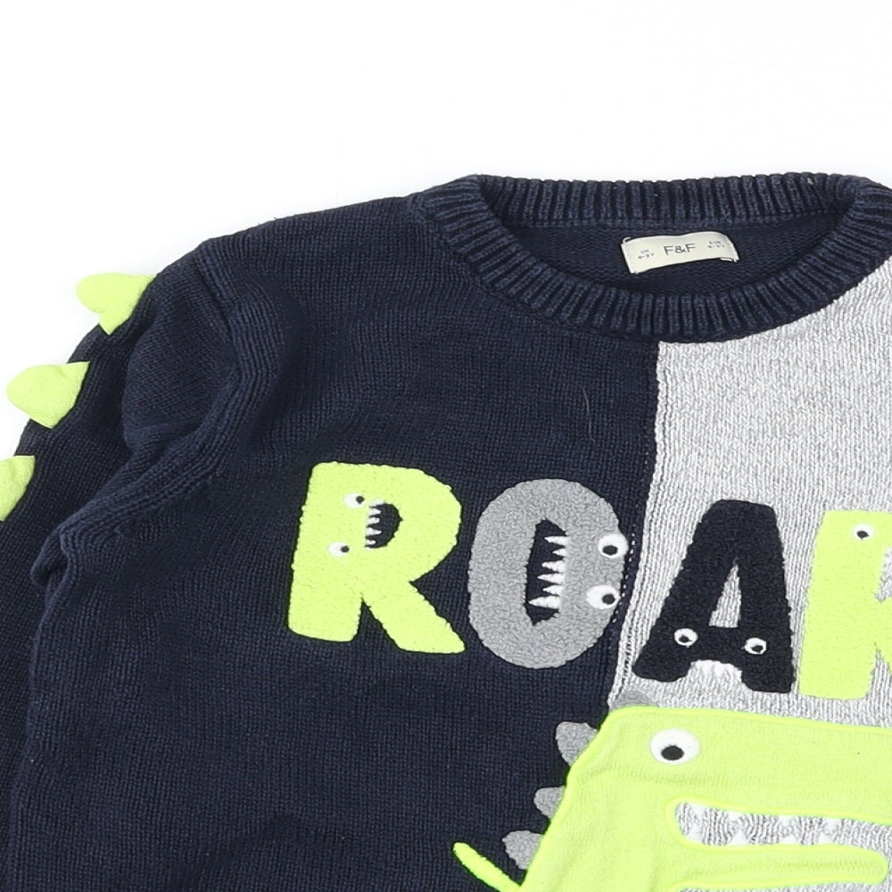 F&F Boys Blue Round Neck Colourblock Cotton Pullover Jumper Size 4-5 Years Pullover - Dinosaur