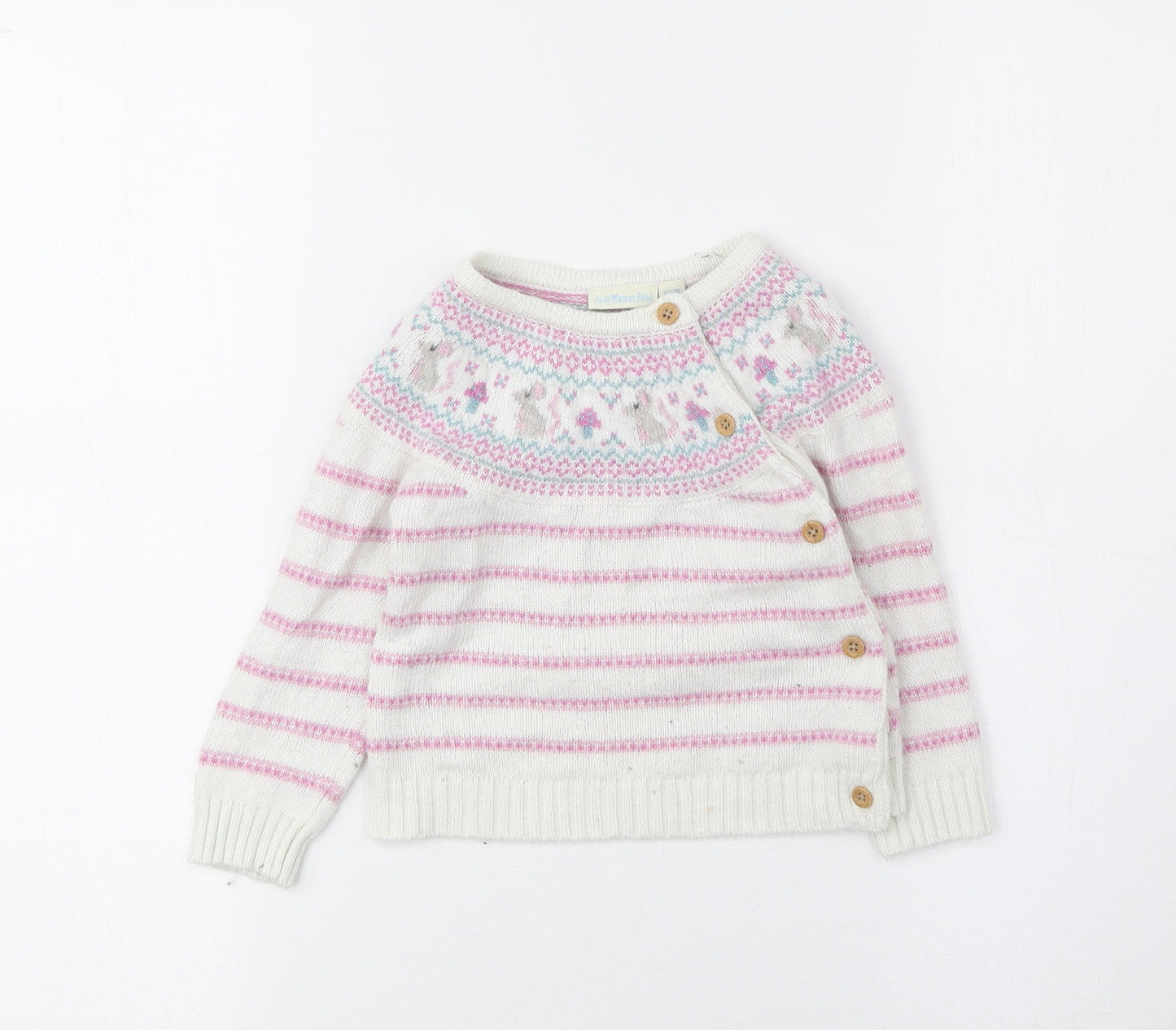JoJo Maman Girls White Striped Viscose Cardigan Jumper Size 6-9 Months Button
