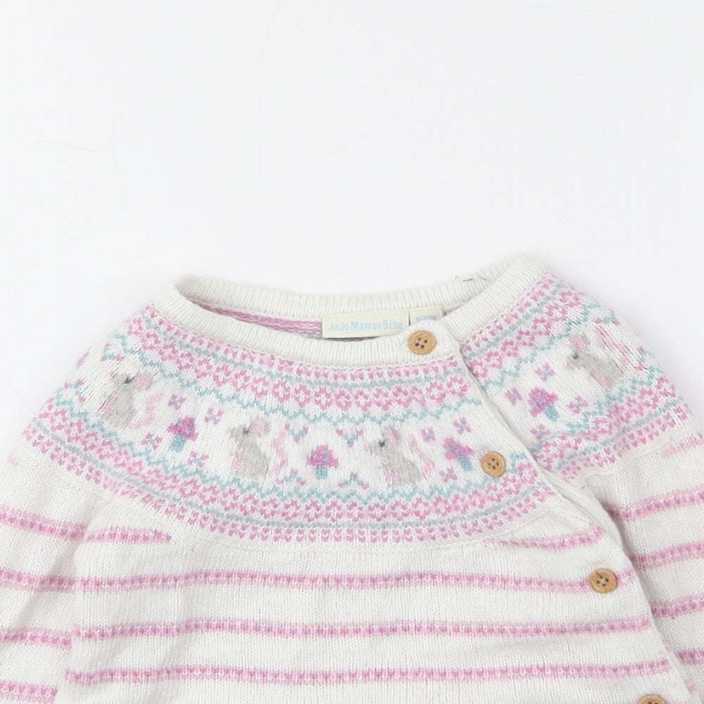 JoJo Maman Girls White Striped Viscose Cardigan Jumper Size 6-9 Months Button