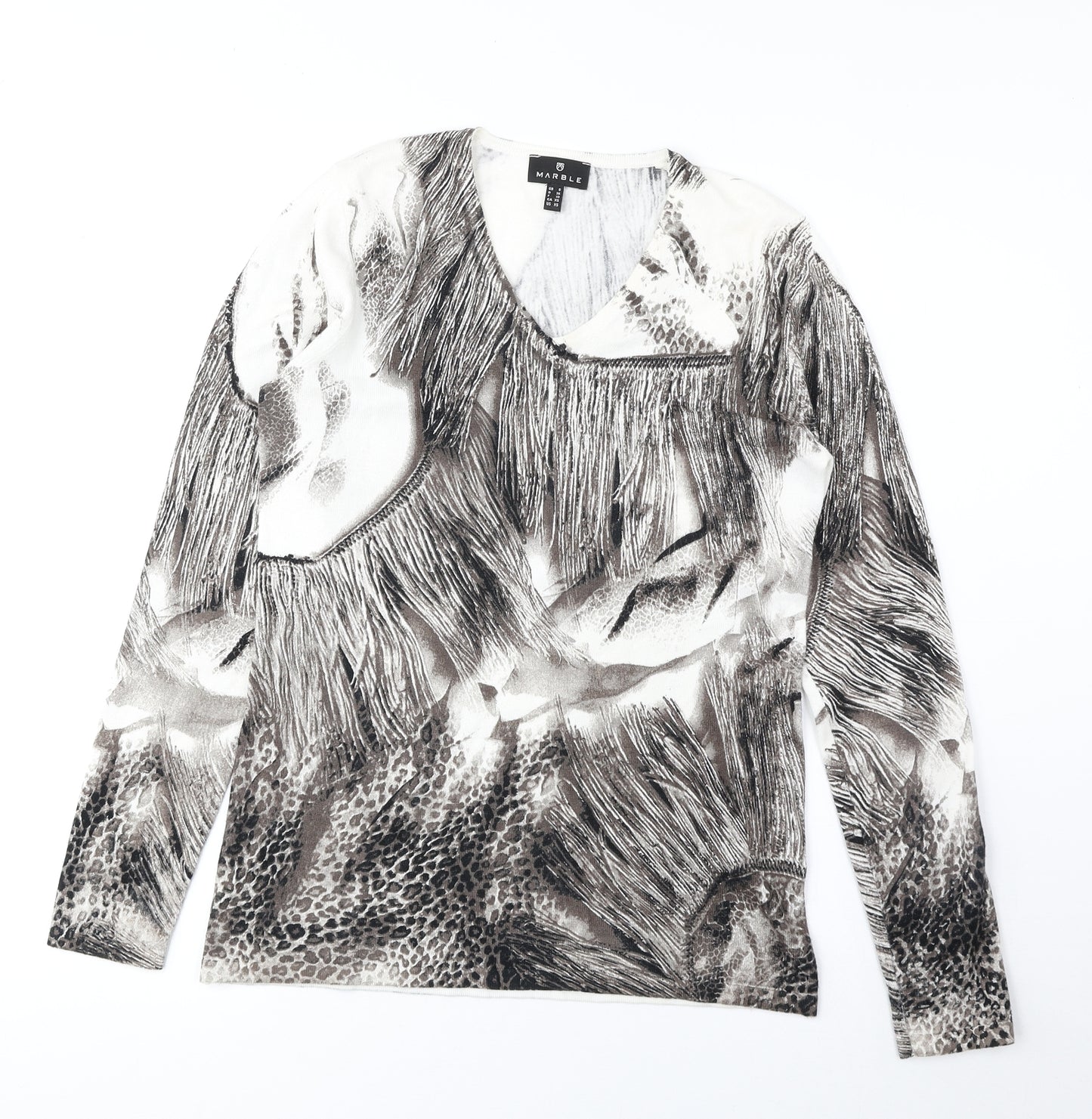 Marble Womens Brown V-Neck Geometric Viscose Pullover Jumper Size XS