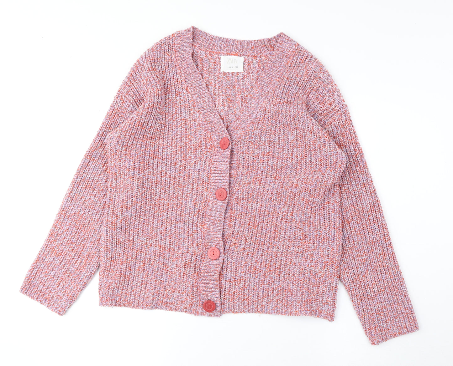 Zara Girls Pink V-Neck Geometric Acrylic Cardigan Jumper Size 13-14 Years Button